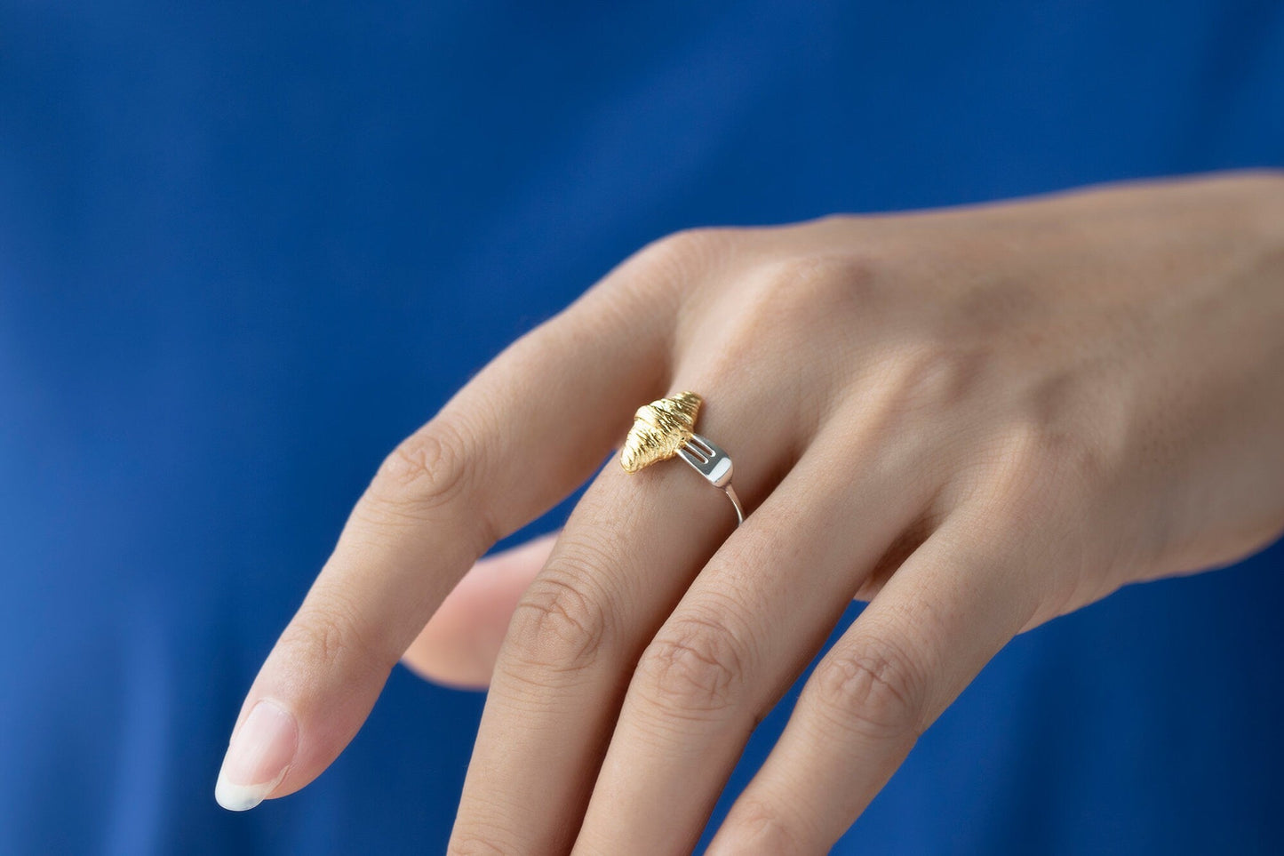 Croissant Fork Ring-Sterling Silver Gold Croissant Fork Adjustable Ring-Two Tone-Minimalist Silver Jewelry-Gift for her cindysilverstudio