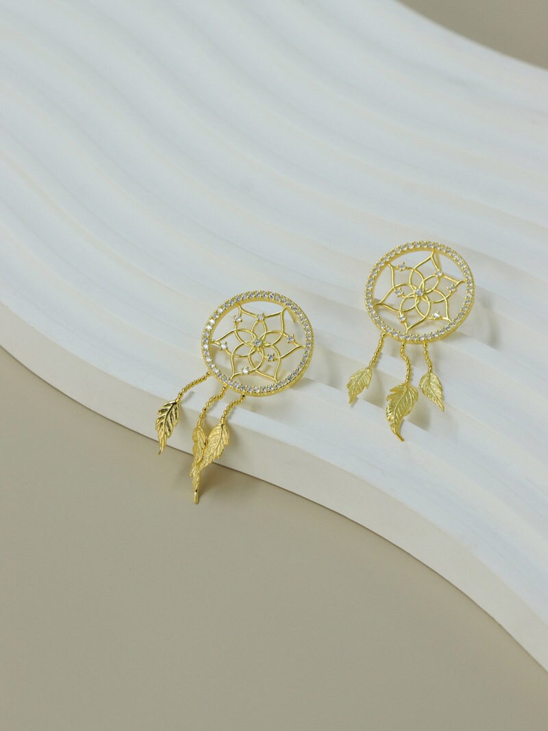 Dream Catcher Earrings-Sterling Silver Zircon Round Stud Earrings-Gold Silver Tone-Dream Catcher Silver Jewelry-Gift for her cindysilverstudio