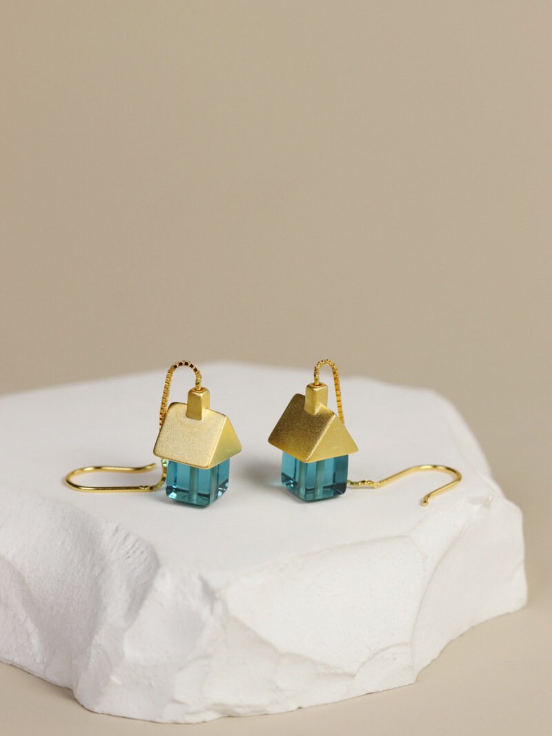 House Earrings-Sterling Silver Little House Tassel Chain Earring-Silver Gold Roof-Dainty Silver Jewelry-Gift for her cindysilverstudio