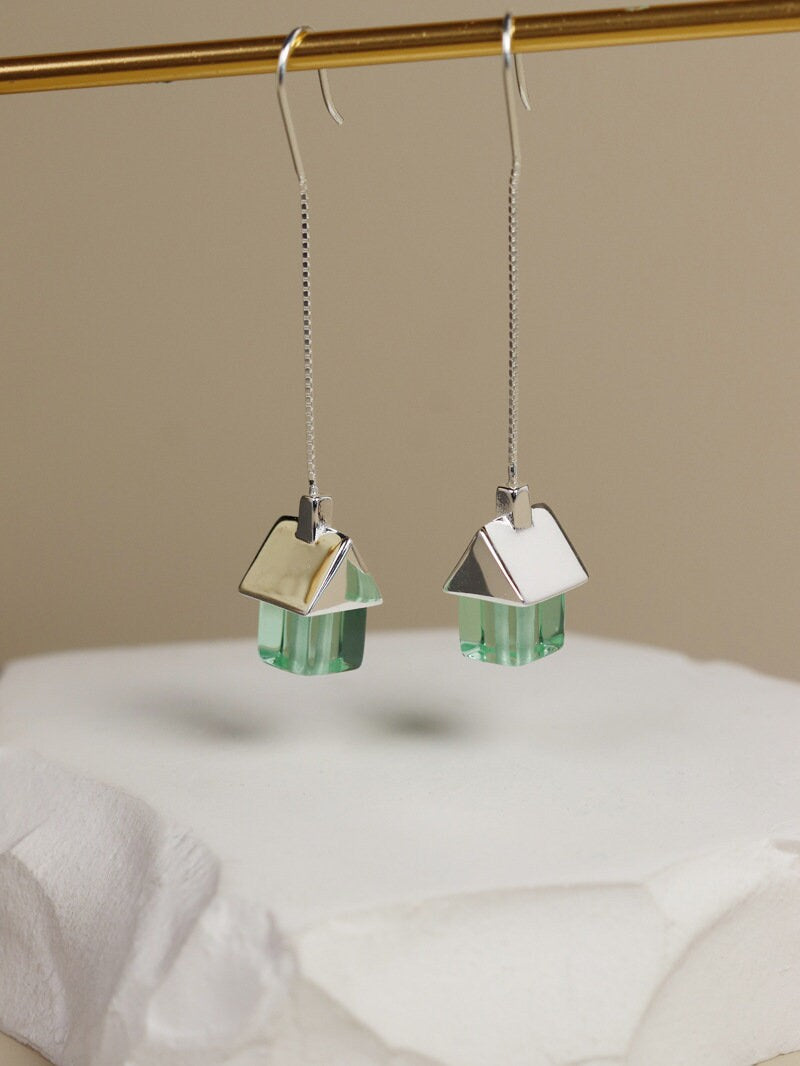 House Earrings-Sterling Silver Little House Tassel Chain Earring-Silver Gold Roof-Dainty Silver Jewelry-Gift for her cindysilverstudio