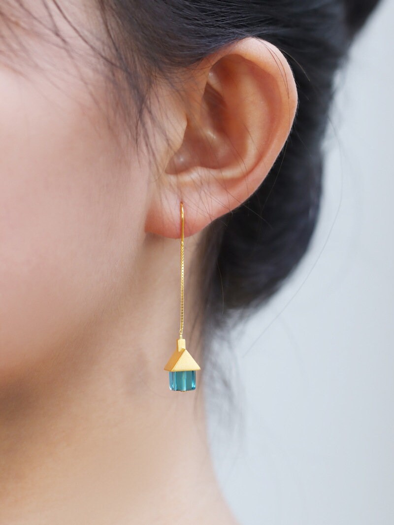 House Earrings-Sterling Silver Little House Tassel Chain Earring-Silver Gold Roof-Dainty Silver Jewelry-Gift for her cindysilverstudio