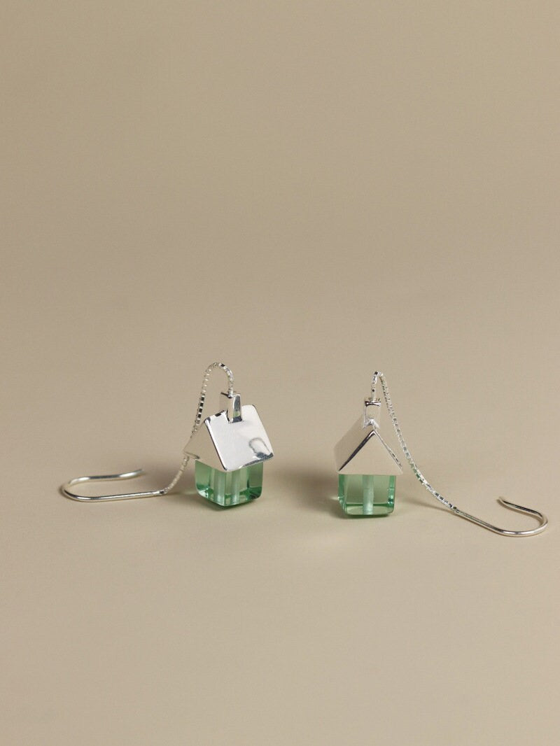 House Earrings-Sterling Silver Little House Tassel Chain Earring-Silver Gold Roof-Dainty Silver Jewelry-Gift for her cindysilverstudio