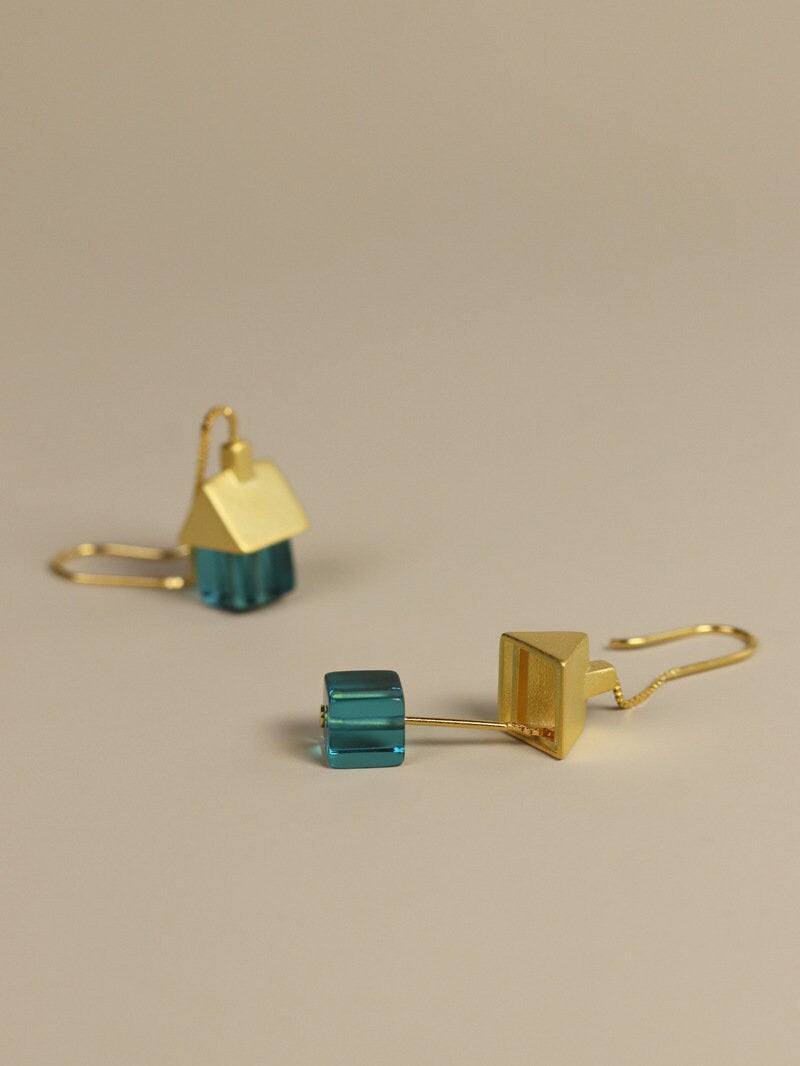 House Earrings-Sterling Silver Little House Tassel Chain Earring-Silver Gold Roof-Dainty Silver Jewelry-Gift for her cindysilverstudio