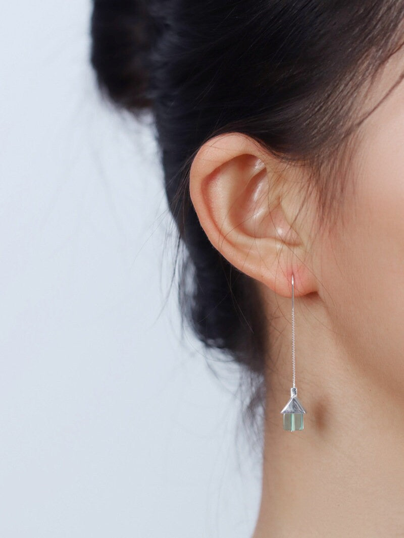 House Earrings-Sterling Silver Little House Tassel Chain Earring-Silver Gold Roof-Dainty Silver Jewelry-Gift for her cindysilverstudio