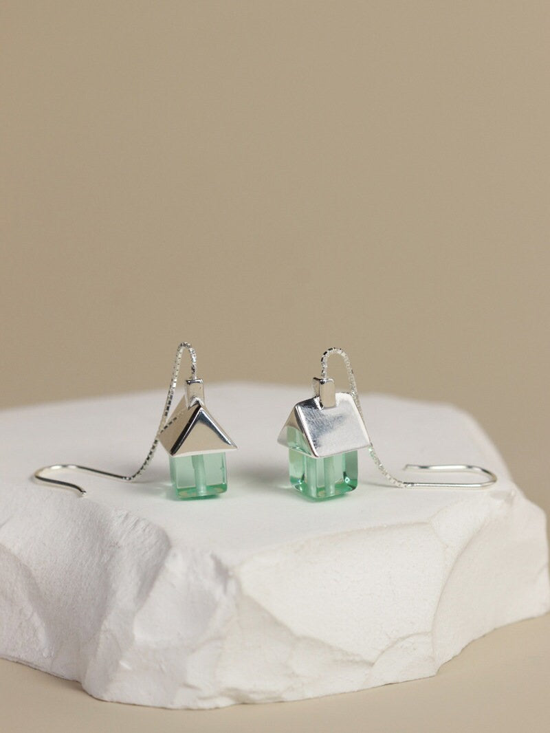 House Earrings-Sterling Silver Little House Tassel Chain Earring-Silver Gold Roof-Dainty Silver Jewelry-Gift for her cindysilverstudio