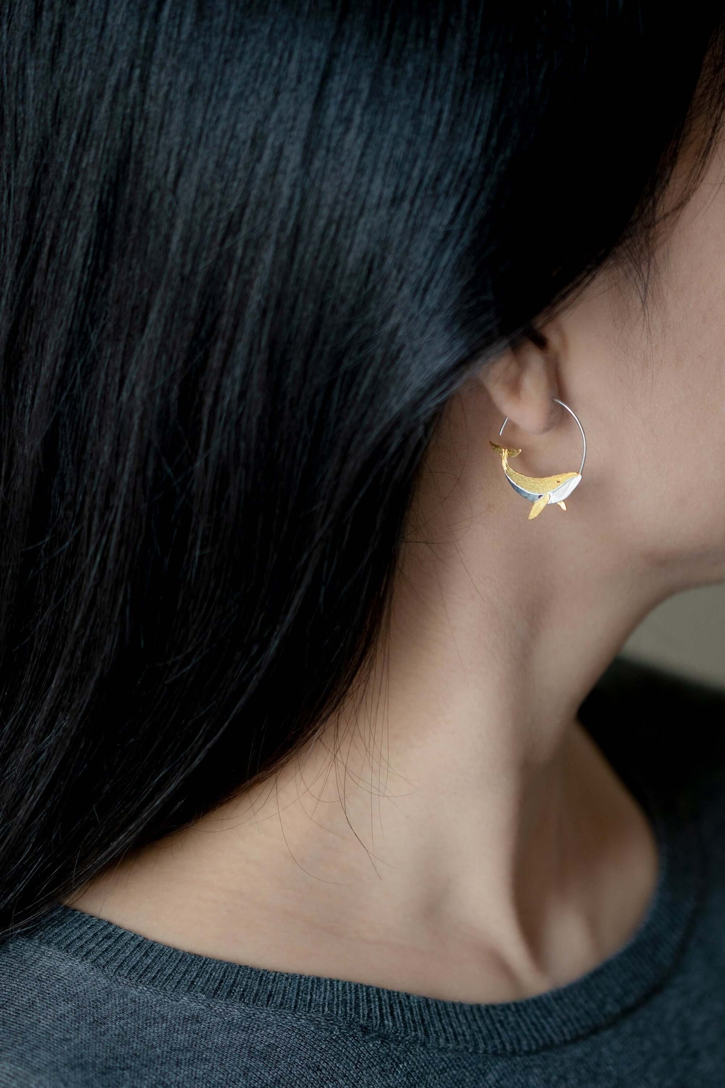 Humpback Whale Earrings-Sterling Silver Gold Whale Hoop Earring-Gold Tail-Ocean Animal Jewelry-Gift for her cindysilverstudio