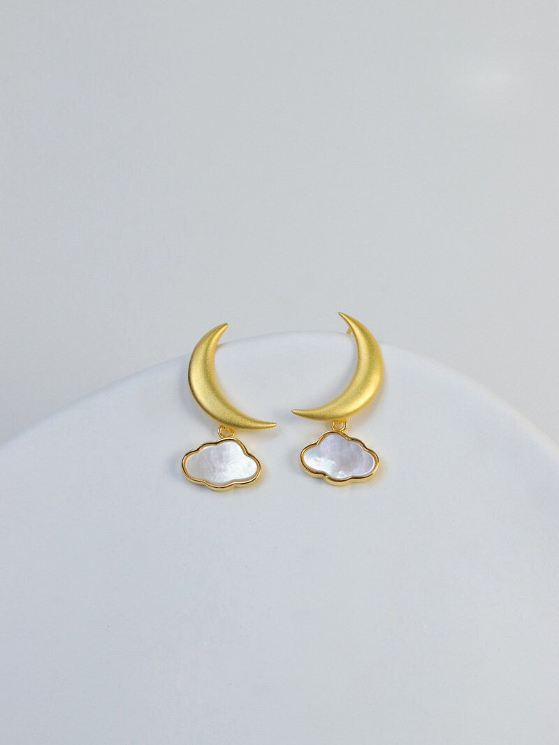 Moon Cloud Earrings-Sterling Silver Crescent Cloud Stud Earrings-Gold Crescent-Fashion Silver Jewelry-Gift for her cindysilverstudio
