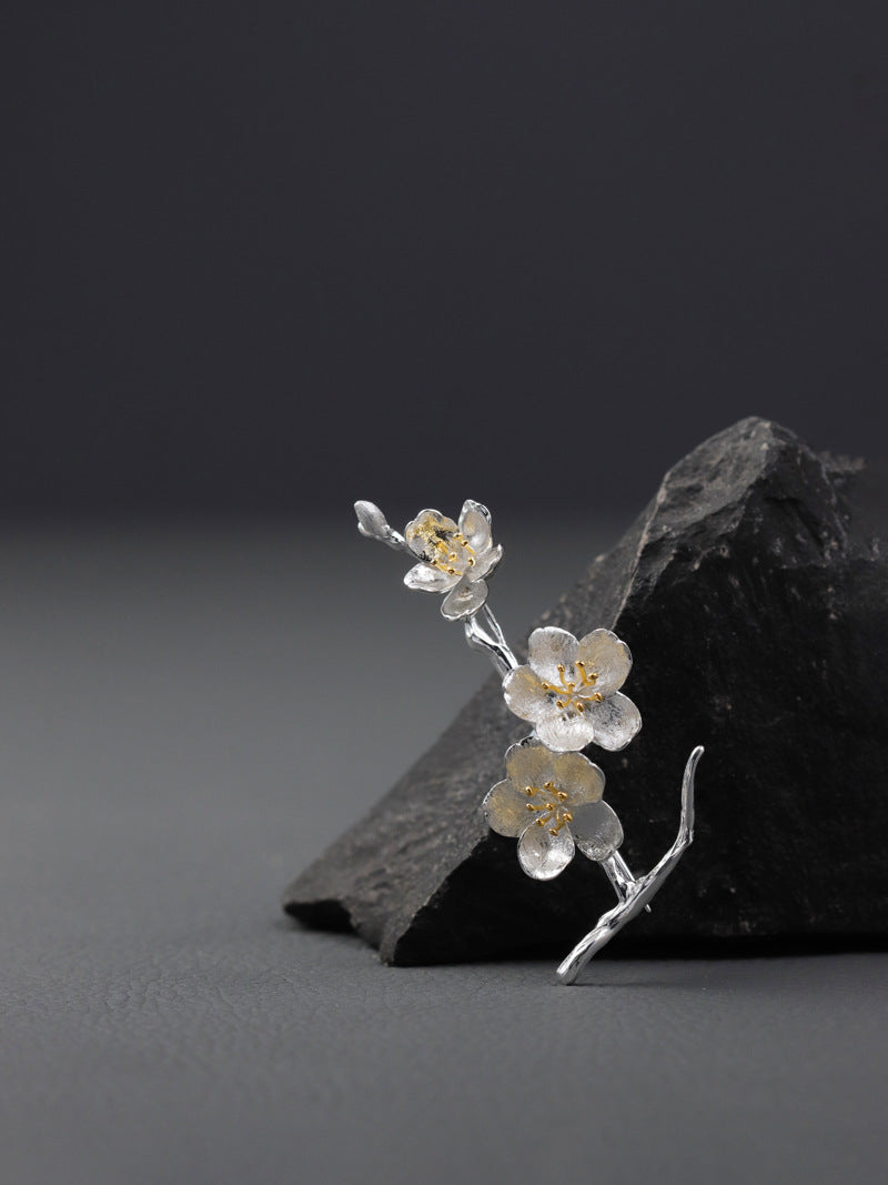 Sakura Flower Brooch-Sterling Silver Flower Twig Pin-Cherry Blossom-Bridesmaid Floral Jewelry-Gift for her