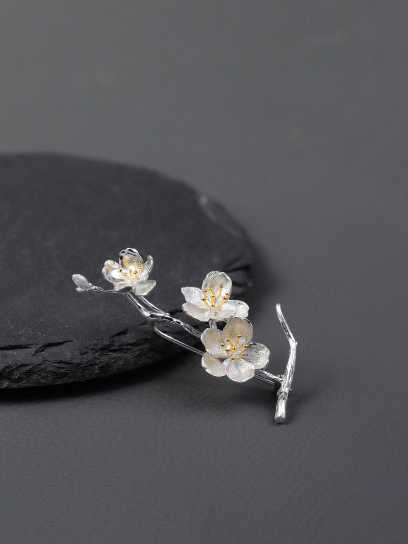 Sakura Flower Brooch-Sterling Silver Flower Twig Pin-Cherry Blossom-Bridesmaid Floral Jewelry-Gift for her