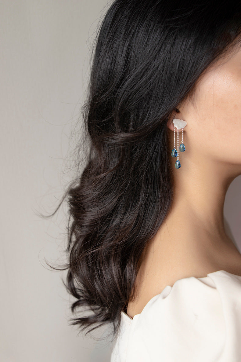 Rain Cloud Earring White Cloud Blue Raindrop Earring Sterling Silver Cloud Blue Crystal Raindrop Earring Women Earring Gift For Her