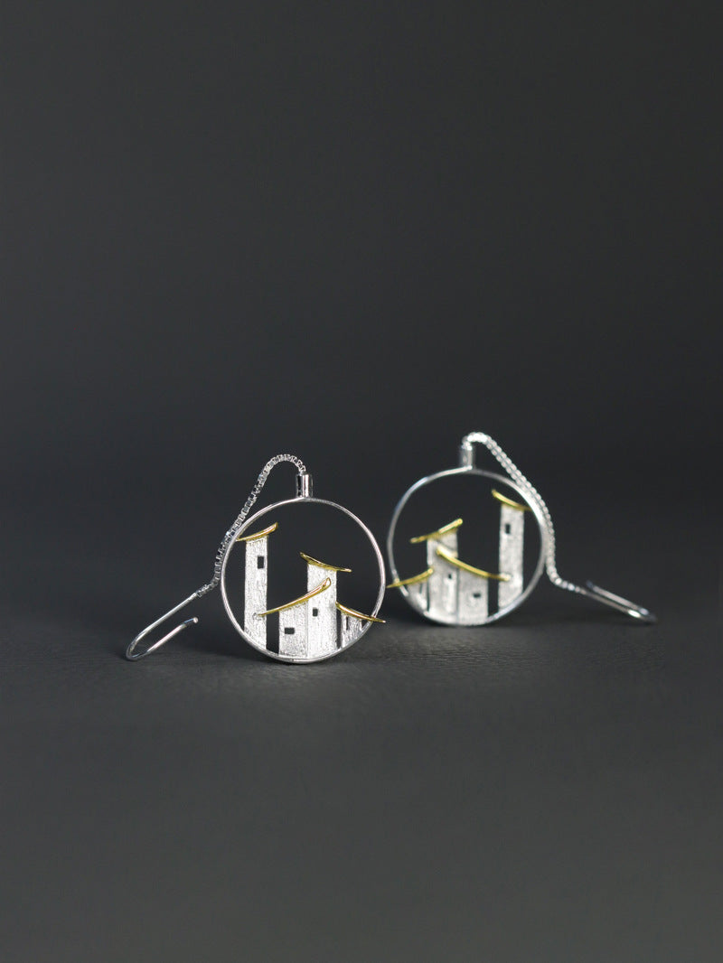 Folk Houses Earrings-Sterling Silver House Charm Hoop Earrings-House Wall-Landscape Art Jewelry-Gift For her