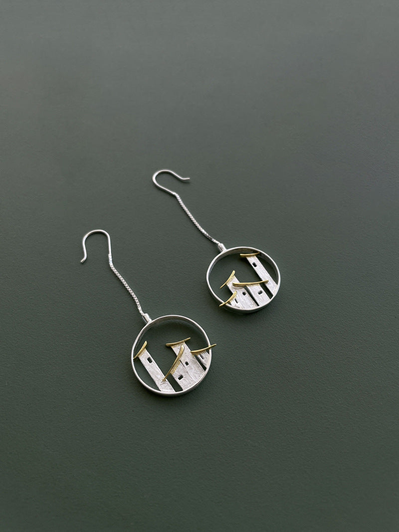 Folk Houses Earrings-Sterling Silver House Charm Hoop Earrings-House Wall-Landscape Art Jewelry-Gift For her
