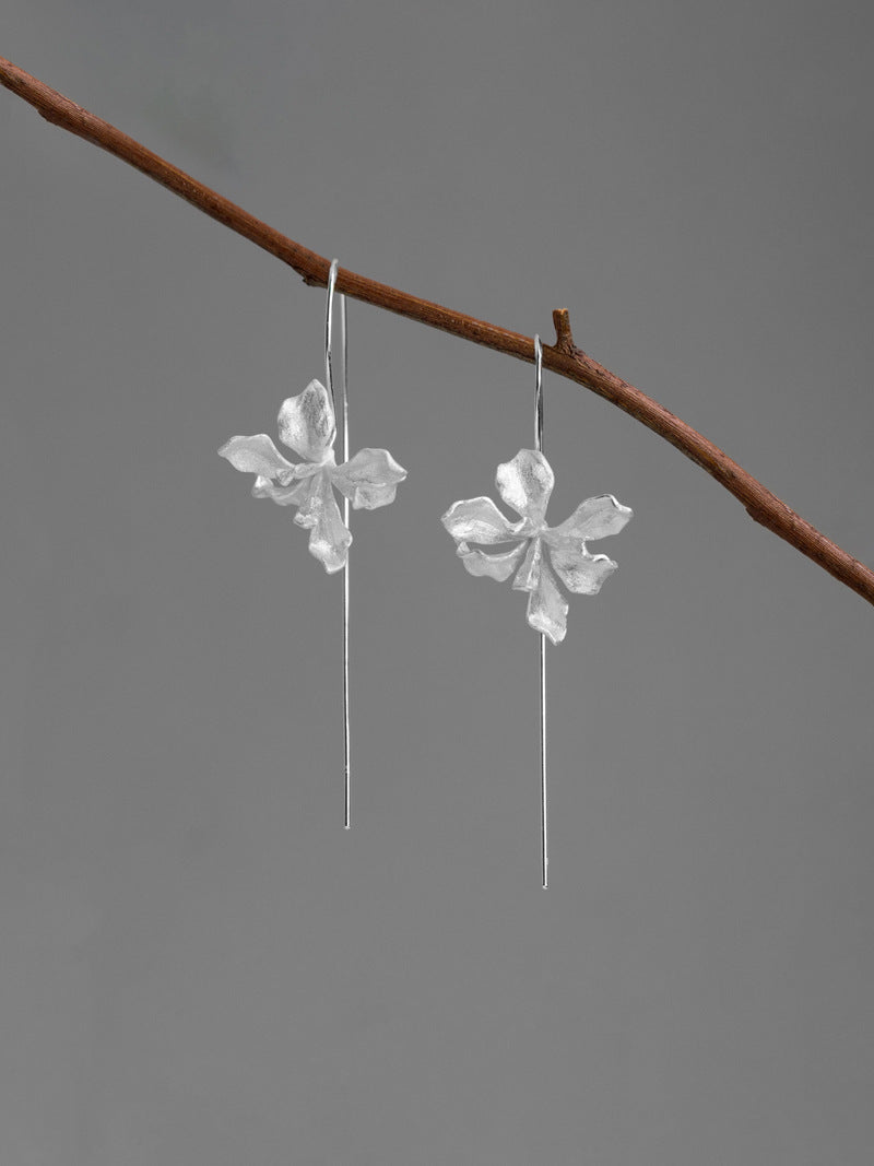 Irises Flower Charm Earring-Sterling Silver Blossom Flower Dangle Earring-Long Dangle-Dainty Floral Jewelry-Gift for her