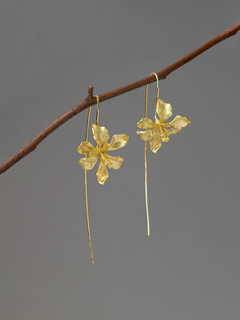 Irises Flower Charm Earring-Sterling Silver Blossom Flower Dangle Earring-Long Dangle-Dainty Floral Jewelry-Gift for her