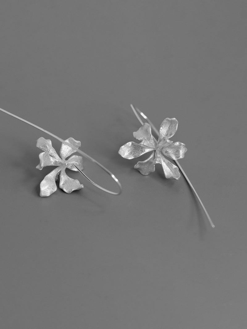 Irises Flower Charm Earring-Sterling Silver Blossom Flower Dangle Earring-Long Dangle-Dainty Floral Jewelry-Gift for her