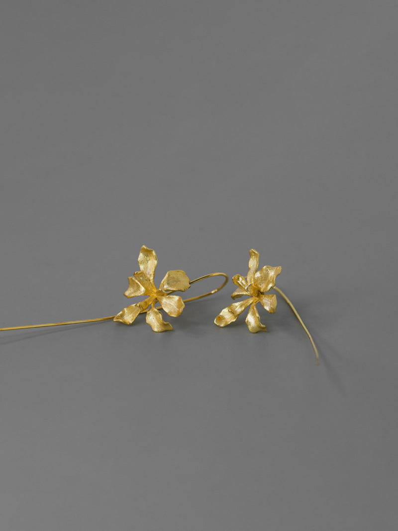 Irises Flower Charm Earring-Sterling Silver Blossom Flower Dangle Earring-Long Dangle-Dainty Floral Jewelry-Gift for her