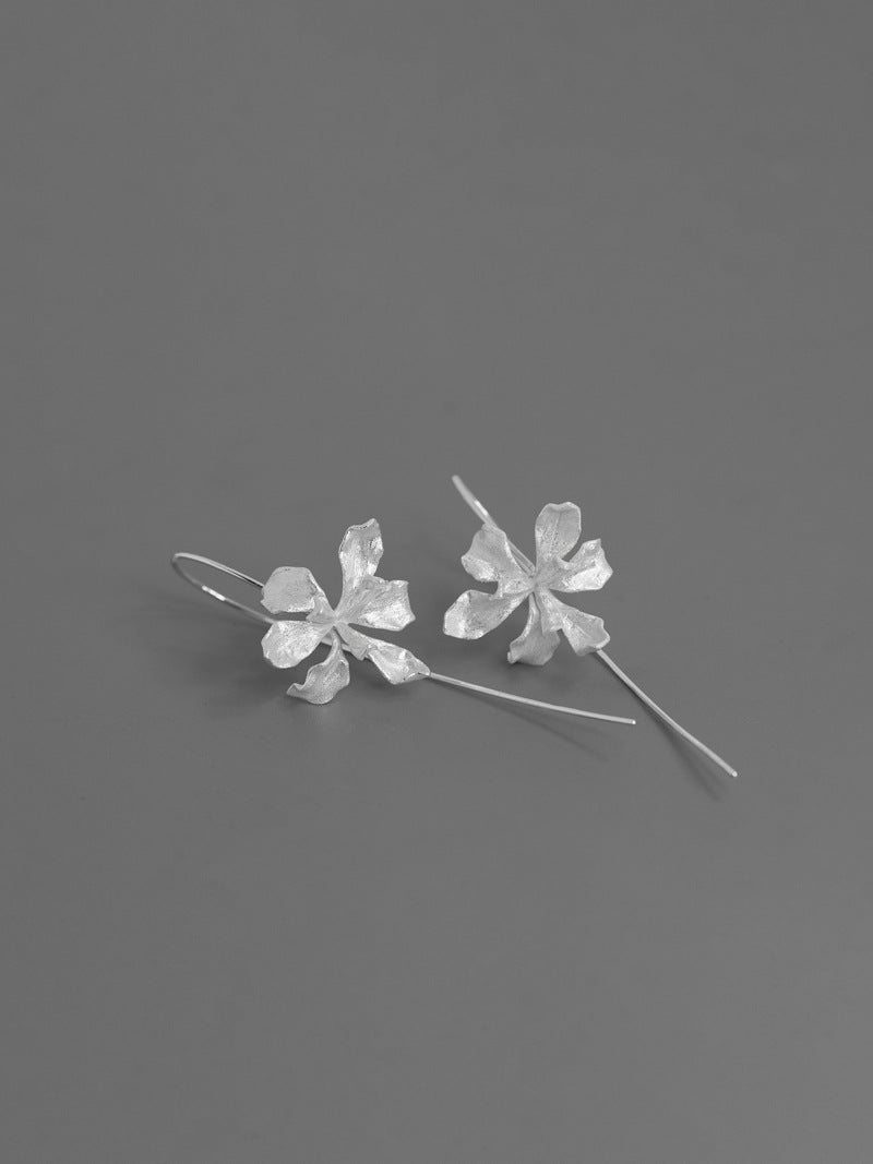 Irises Flower Charm Earring-Sterling Silver Blossom Flower Dangle Earring-Long Dangle-Dainty Floral Jewelry-Gift for her