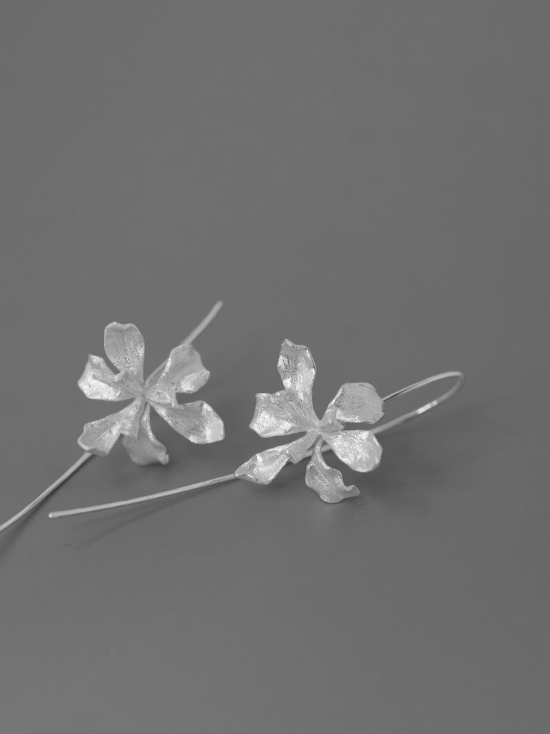 Irises Flower Charm Earring-Sterling Silver Blossom Flower Dangle Earring-Long Dangle-Dainty Floral Jewelry-Gift for her