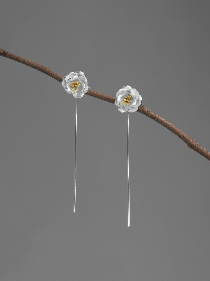 Camellia Flower Charm Earring-Sterling Silver Blossom Flower Dangle Earring-Spring Flower-Dainty Floral Jewelry-Gift for her