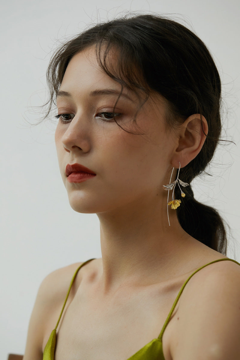 Begonia Flower Earring-Sterling Silver Blossom Flower Dangle Earring-Gold Flower Silver Leaf-Floral Jewelry-Bridesmaid gifts-Gift for her