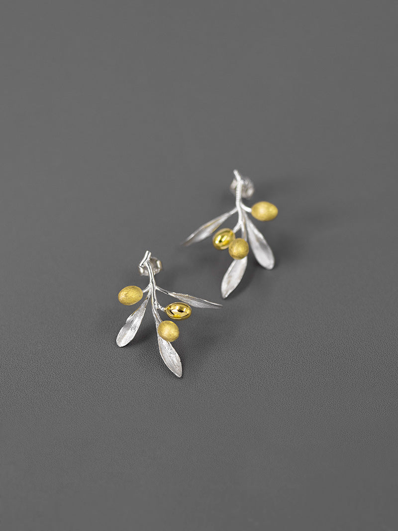 Olive Leaf Branch Earrings-Sterling Silver Olive Twig Stud Earrings-Gold Fruit-Silver Plant Jewelry-Gift for her
