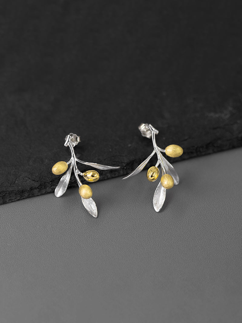 Olive Leaf Branch Earrings-Sterling Silver Olive Twig Stud Earrings-Gold Fruit-Silver Plant Jewelry-Gift for her