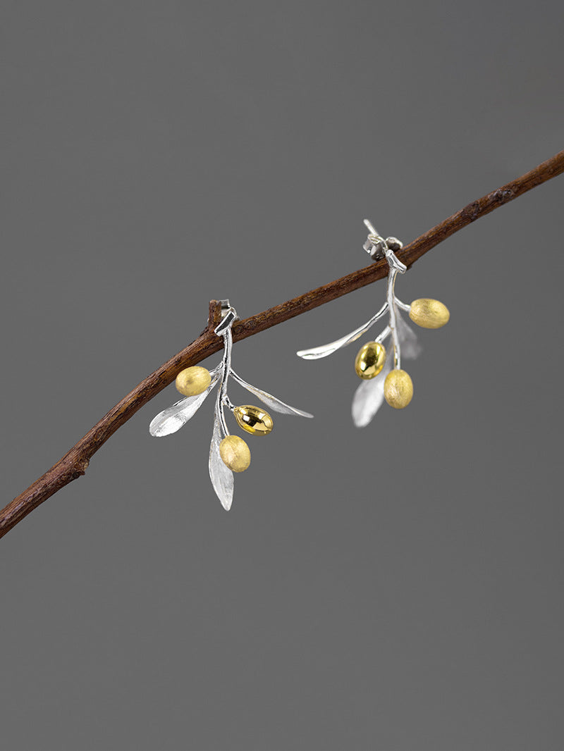 Olive Leaf Branch Earrings-Sterling Silver Olive Twig Stud Earrings-Gold Fruit-Silver Plant Jewelry-Gift for her