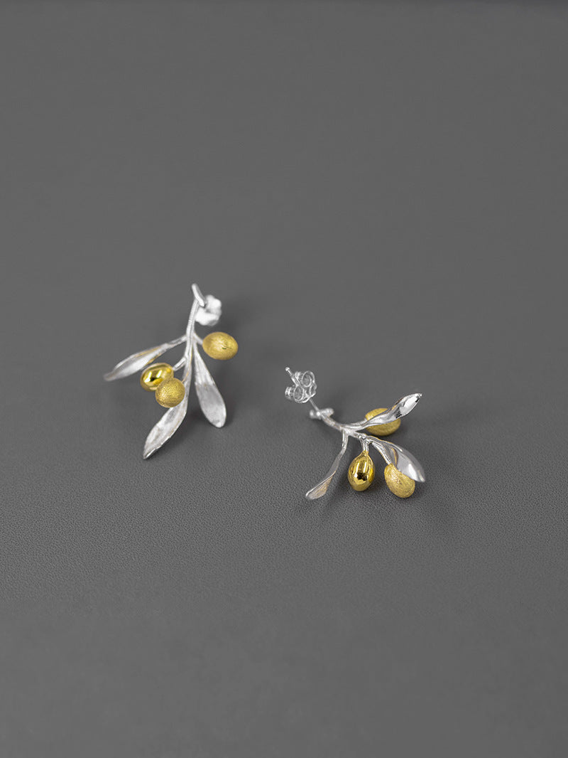 Olive Leaf Branch Earrings-Sterling Silver Olive Twig Stud Earrings-Gold Fruit-Silver Plant Jewelry-Gift for her