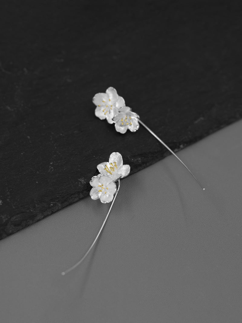 Sakura Flower Earrings-Sterling Silver Flower Twig Dangle Earrings-Cherry Blossom-Bridesmaid Floral Jewelry-Gift for her