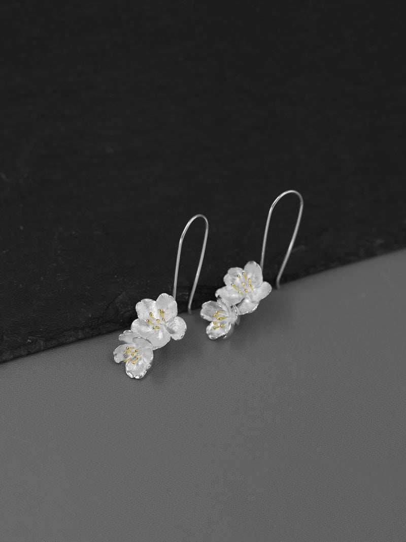 Sakura Flower Earrings-Sterling Silver Flower Twig Dangle Earrings-Cherry Blossom-Bridesmaid Floral Jewelry-Gift for her
