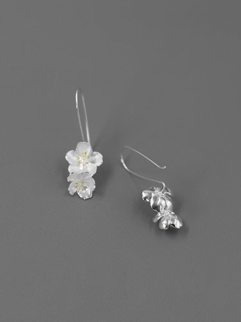 Sakura Flower Earrings-Sterling Silver Flower Twig Dangle Earrings-Cherry Blossom-Bridesmaid Floral Jewelry-Gift for her