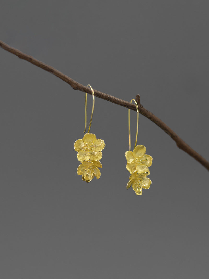 Sakura Flower Earrings-Sterling Silver Flower Twig Dangle Earrings-Cherry Blossom-Bridesmaid Floral Jewelry-Gift for her