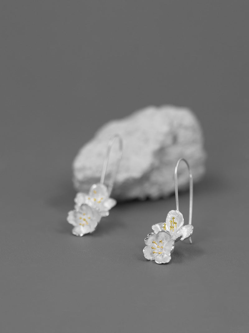 Sakura Flower Earrings-Sterling Silver Flower Twig Dangle Earrings-Cherry Blossom-Bridesmaid Floral Jewelry-Gift for her