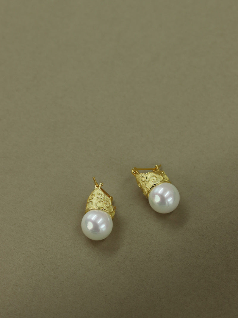 Shell Pearl Earring-Sterling Silver Cloud Pattern Charm Earring-12 mm Pearl-Fashion Pearl Jewelry-Gift for her