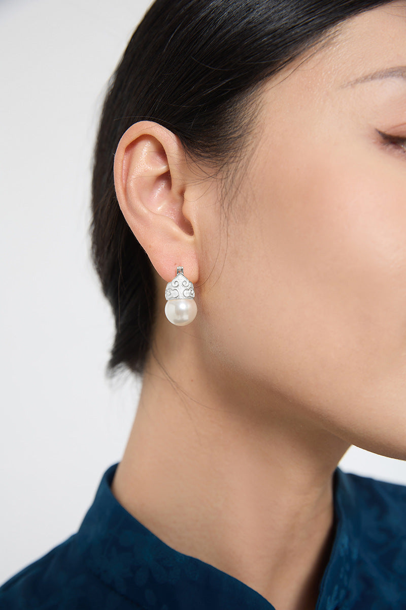 Shell Pearl Earring-Sterling Silver Cloud Pattern Charm Earring-12 mm Pearl-Fashion Pearl Jewelry-Gift for her