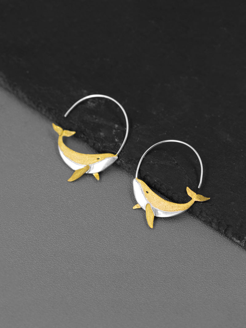 Humpback Whale Earrings-Sterling Silver Gold Whale Hoop Earring-Gold Tail-Ocean Animal Jewelry-Gift for her