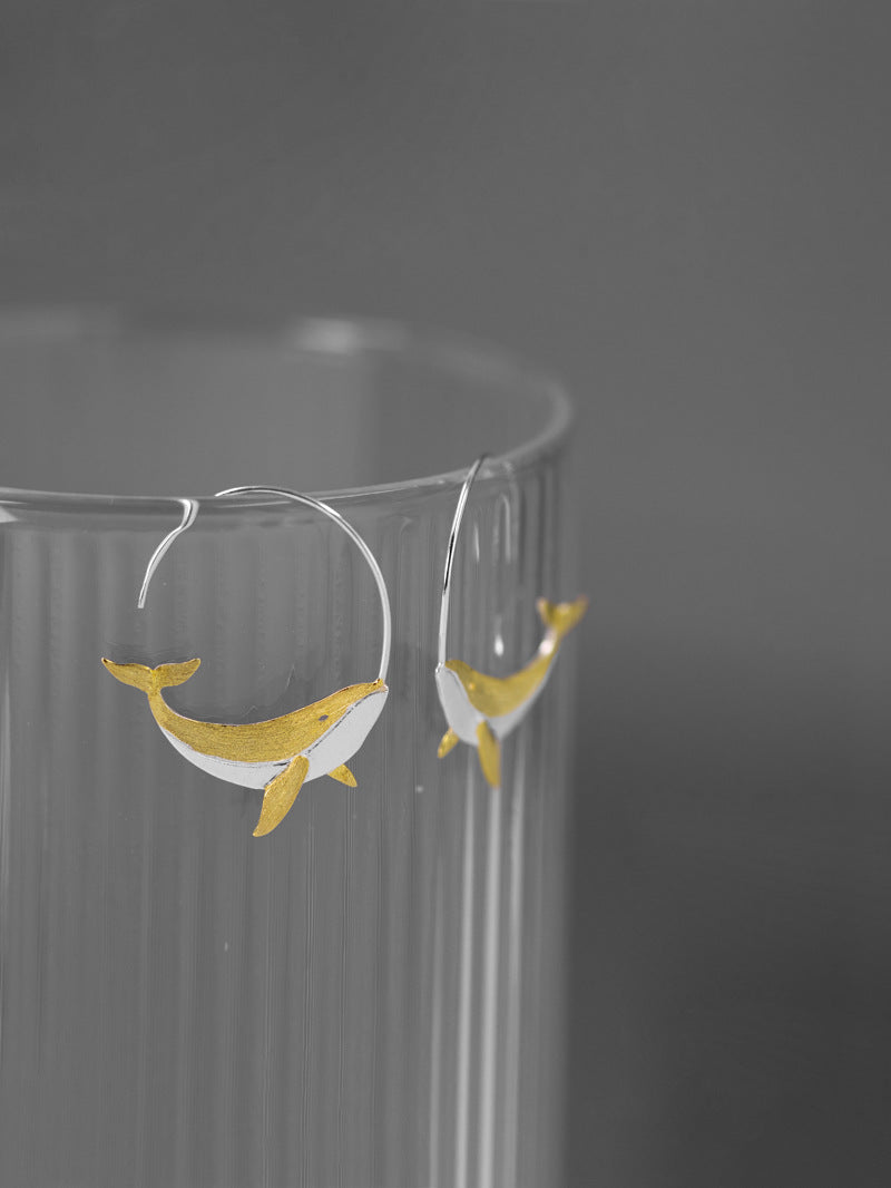 Humpback Whale Earrings-Sterling Silver Gold Whale Hoop Earring-Gold Tail-Ocean Animal Jewelry-Gift for her