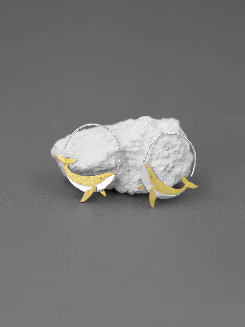 Humpback Whale Earrings-Sterling Silver Gold Whale Hoop Earring-Gold Tail-Ocean Animal Jewelry-Gift for her