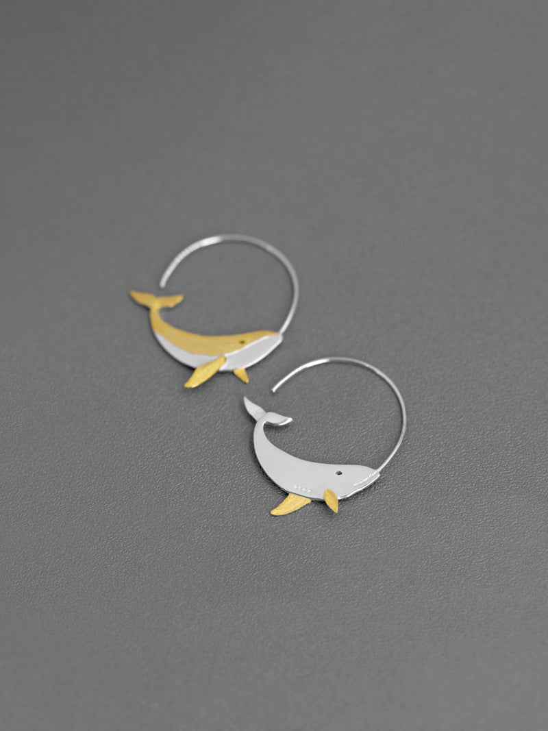 Humpback Whale Earrings-Sterling Silver Gold Whale Hoop Earring-Gold Tail-Ocean Animal Jewelry-Gift for her