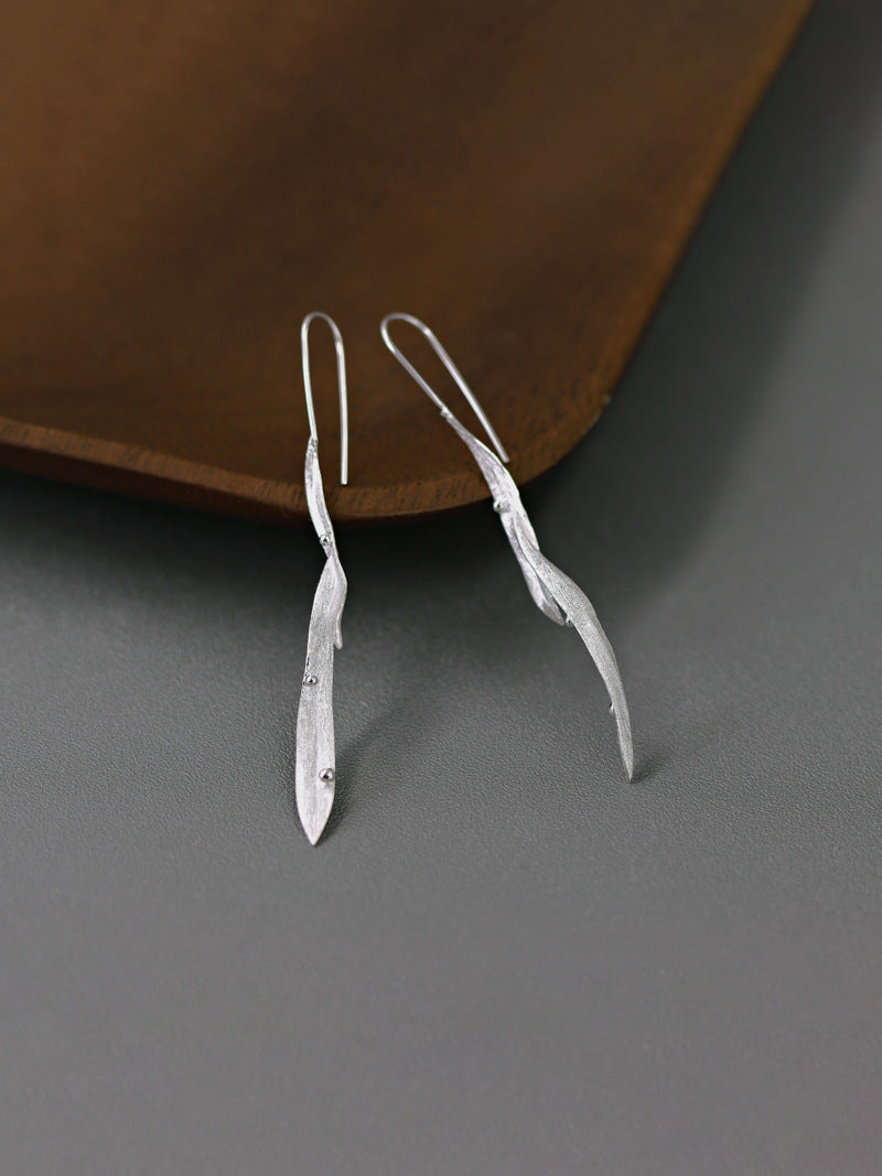 Long Leaf Earrings-Sterling Silver Long Leaf Hook Earrings-Dew Drop on grass-Silver Leaf Jewelry-Gift for her