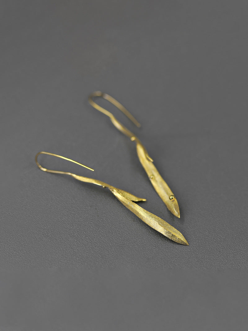 Long Leaf Earrings-Sterling Silver Long Leaf Hook Earrings-Dew Drop on grass-Silver Leaf Jewelry-Gift for her