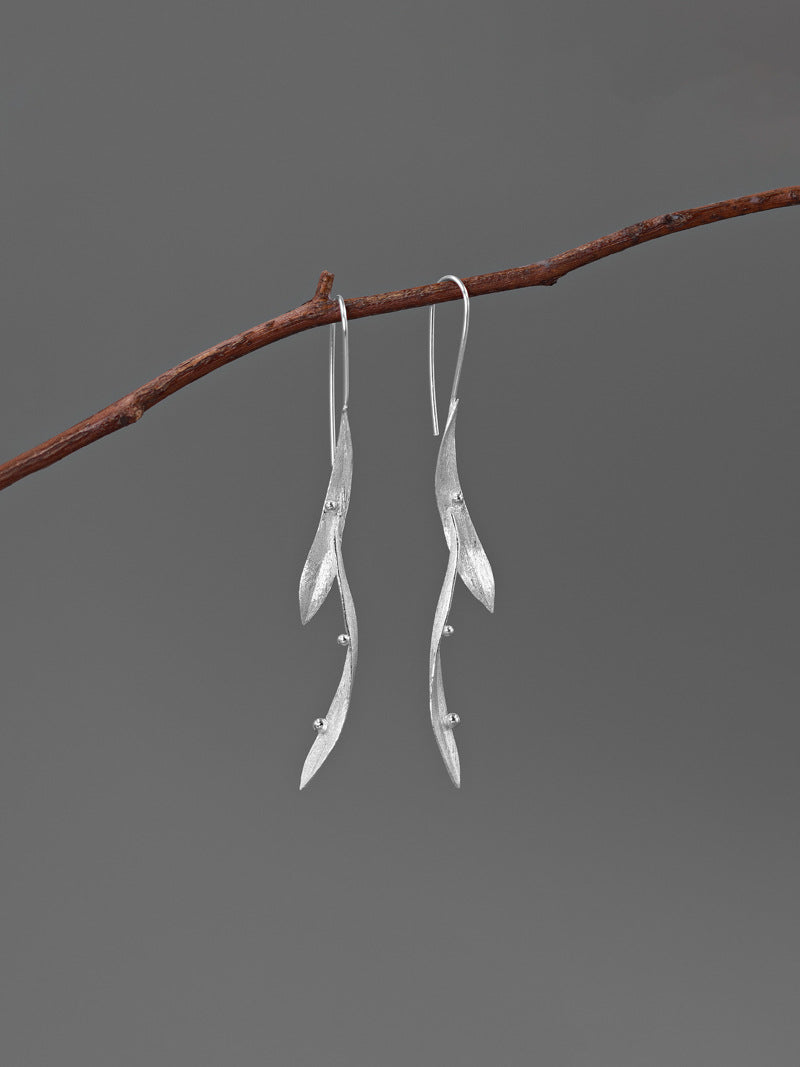 Long Leaf Earrings-Sterling Silver Long Leaf Hook Earrings-Dew Drop on grass-Silver Leaf Jewelry-Gift for her