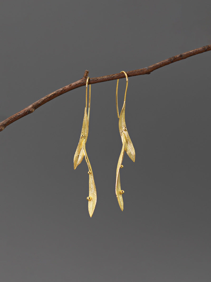 Long Leaf Earrings-Sterling Silver Long Leaf Hook Earrings-Dew Drop on grass-Silver Leaf Jewelry-Gift for her