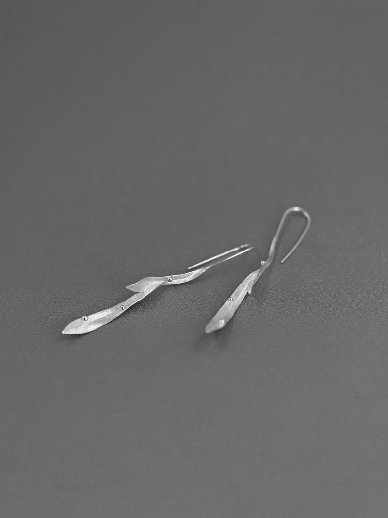 Long Leaf Earrings-Sterling Silver Long Leaf Hook Earrings-Dew Drop on grass-Silver Leaf Jewelry-Gift for her