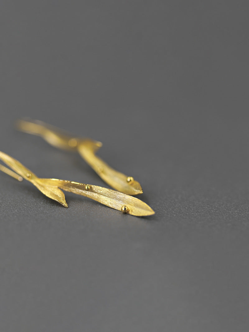 Long Leaf Earrings-Sterling Silver Long Leaf Hook Earrings-Dew Drop on grass-Silver Leaf Jewelry-Gift for her