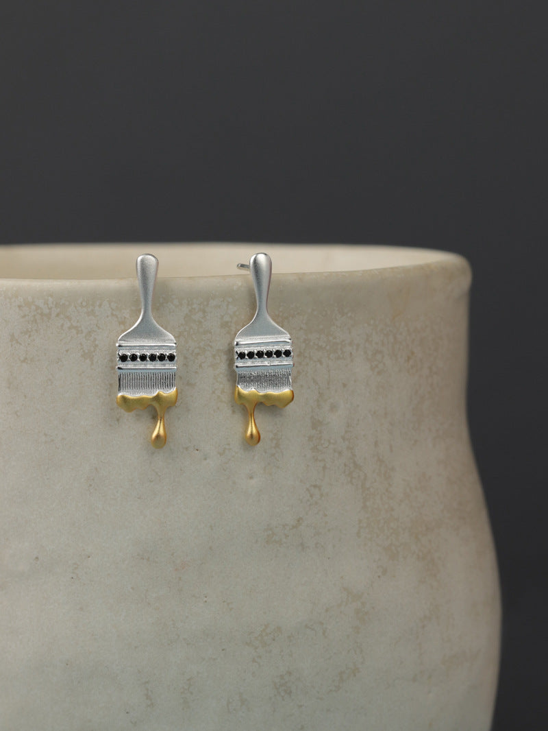 Paint Brush Earrings-Sterling Silver Paint Brush Stud Earrings-Artist Brush-Silver Painter Jewelry-Gift For Women