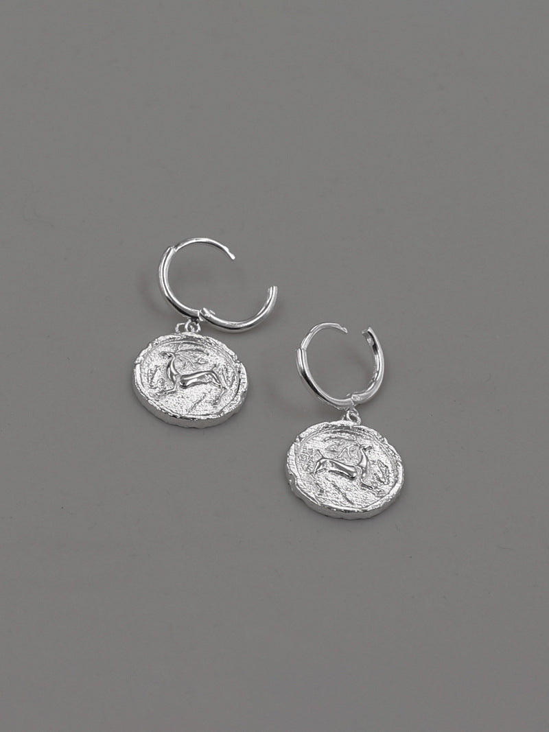 Deer Charm Earring-Sterling Silver Cameo Deer Coin Earring-Antique Silver Jewelry-Gift for her
