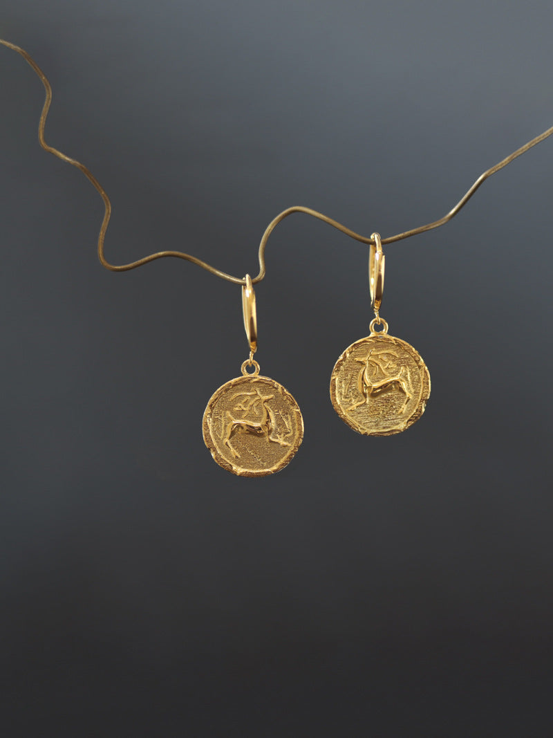 Deer Charm Earring-Sterling Silver Cameo Deer Coin Earring-Antique Silver Jewelry-Gift for her