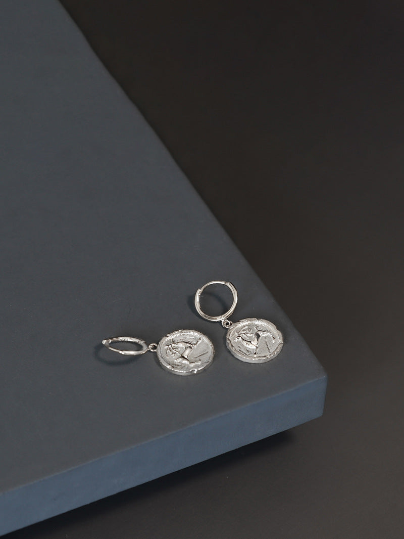 Deer Charm Earring-Sterling Silver Cameo Deer Coin Earring-Antique Silver Jewelry-Gift for her