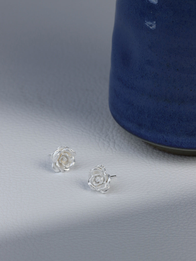 Camellia Flower Charm Earring-Sterling Silver Blossom Flower Stud Earring-Spring Flower-Dainty Floral Jewelry-Gift for her
